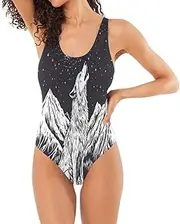 [Joisal] Valentine Cute Love Gnomes One Piece Bathing Suit Low Back Womens Bathing Suits One Piece, Wolf Howling Mountains, Large