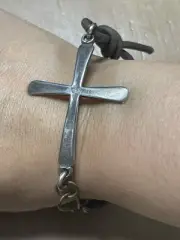 Shannon Koszyk Bracelet Coptic Cross On Leather Cord SS Cross Bronze Clasp Brn