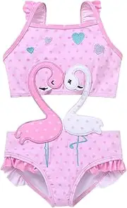 [kavkas] Baby Toddler Girl One Piece Swimsuit Ruffle Sleeve Swimwear Infant Girl Pink Flamingo Cute Bathing Suit 12M - 8Y