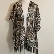 Chico's Ruana S/M Cardigan Top Animal Print Burnout Sheer Fringe NWT