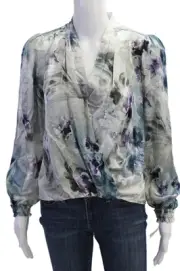 Go Silk Womens Long Sleeve V-neck Floral Printed Sleek Blouse Multicolor Size XS