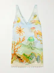 [ALÉMAIS] ALÉMAIS - + Sam Pauletto Emerald Cove Embellished Printed Hemp And Silk-blend Mini Dress - Blue - US8 US 8 Blue