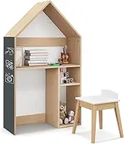 HONEY JOY Kids House-Shaped Table and Chair Set, 2-in-1 Kid’s Toy Organiser Cabinet with Ample Storage & Extra Blackboard, Anti-toppling System, Toddler Wooden Desk & Chair for Drawing, Reading
