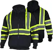 Men's ANSI Class 3 High Visibility Safety Sweatshirt Full Zip Detachable hoodie Sweater Fleece Brushed Black Bottom Thermal