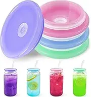 Joyclub 4 Pack Acrylic Lids for 16 oz /20 oz Glass Cups with Bamboo Lids and Straws Reusable Iced Coffee Cup Beer Can Drinking Glasses for Smoothie Whiskey Boba Soda Tea Gift (Candy Color)