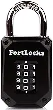 FortLocks Gym Locker Lock - 4 Digit, Heavy Duty, Hardened Stainless Steel, Weatherproof and Outdoor Combination Padlock - Easy to Read Numbers - Resettable and Cut Proof Combo Code - 1 Pack Black