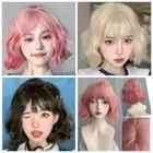 Pink Short Brown Wavy Wig Lolita Synthetic Wig with Bangs Bob Hair Wig Girls