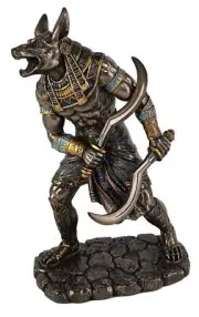 8.5" Egyptian Anubis Statue Wielding Dual Khopesh Swords Bronze Color