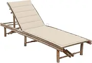 Bamboo Garden Sun Lounger Reclining Outdoor Chair, Patio Lawn Lounger with Cream Cushion, Enjoy Comfortable Relaxing on Your Beach or While Camping