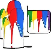 Paint Splatter Backdrop Print Heat Resistant BBQ Gloves Oven Mitts and Pot Holders Set for Kitchen Baking Set
