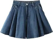 [Jegsnoe] Women High Waist Denim Shorts Skirts Summer Pleated Elastic Waist A-Line Wide Leg Short
