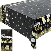 Gold and Black Happy Birthday Tablecloths 51x106'' Plastic Disposable Rectangle Black Gold Table Cover Black-Gold Party Durable Tablecloth Table Covers for Women Men Baby Shower Party Supplies