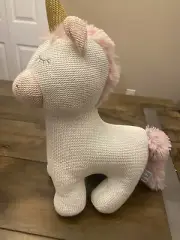 Living Textiles Kelly Unicorn 12” Knit Crocheted Stuffed Plush Rattle Pink Gold