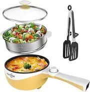 Audecook Hot Pot Electric,Mini Electric Skillet Portable Nonstick Sauté Pan with Power Adjustment, Rapid Ramen Cooker Travel Multicooker Electric Pot for Steak/Soup (I(yellow/1.7L with steamer))