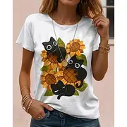 Women's T Shirt Cotton Shirt Graphic Cat Vintage Stylish Classic Short Sleeve Crew Neck Round Neck Regular Tops Daily Print Black White Blue Gray Summer Spring