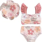 [GINEVSAL] Baby Girl Swimsuit Fly Sleeve Floral Conch Print Tube Top Shorts with Sun Hat Bikini Toddler Girl Swimwear