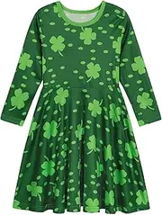 [WonderBabe] Little Girls St. Patrick's Day Dress Outfit Long Sleeve Shamrock A Line Twirly Skater Loose Casual/Party Dresses