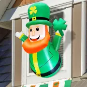 3.5 Ft St. Patrick's Day Leprechaun Holds Shamrocks Lean Out Window w/LED Lights