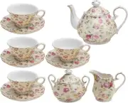 Gracie China by Coastline Imports Cream Cottage Rose 11-Piece Tea Set