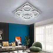 GreeLustr Modern Crystal Chandelier, 3-Colors Dimmable Led Ceiling Light, Square K9 Crystal Flush Mount Stainless Steel Lighting Fixture for Bedroom, Living Room, Dining Room (5-Rings)