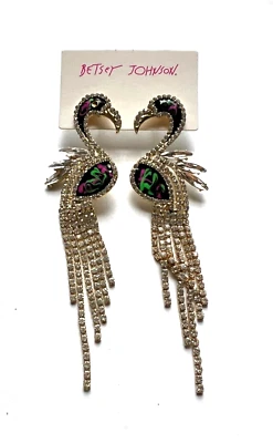 BETSEY JOHNSON ENAMEL FLAMINGO CRYSTAL TASSEL GOLD TONE DANGLE STUD EARRINGS