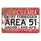 Tin Sign AREA 51 RESTRICT GROOM LAKE AFB PROHIBITED Rustic Look Decorative