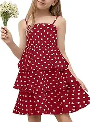 [Cudtum] Girls Dresses Spaghetti Strap Flowy Tiered Midi Dress Polka Dot Casual Beach Summer Sundress 6-14 Years