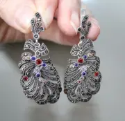 Armenian Spirit Earrings Sterling silver 925 jewelry Marcasite feather peacock