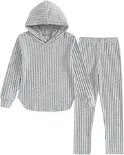 [Xumplo] Girls 2 Pieces Outfits Kids Ribbed Hoodie Tops and Leggings Pants Set Tween Girls Grey Clothes Set 5-12Y