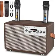 Portable Karaoke Machine,Retro Wooden Karaoke Machine for Adults and Kids with Two Bluetooth Wireless Microphones,PA System Singing Karaoke Speaker for Home Party,Support TV/AUX/USB/TF Card