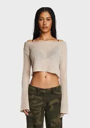 [Edikted] Emmie Off The Shoulder Sheer Knitted Top - Beige