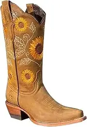[ROCOTT] Cowgirl Boots Women Sunflower Embroidered Western Boots,Retro Chunky Heel Mid Calf Pointed Toe Riding Boots (Color : Khaki, Size : 41 EU)