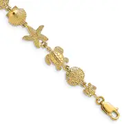 7 Inch 14K Polished Turtle, Sand Dollar, Shell And Starfish Link Bracelet