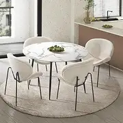 Oikiture Dining Sets with 110cm Round Marble Dining Table and Sherpa Dining Chairs Set of 4 White