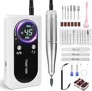 Electric Nail Cutter with 2000 mAh Battery, 45000 RPM Portable Electric Nail File with 80 Sanding Belts, 17 Bits, 2 Nail Files, 1 Nail Buffer and 1 Soft Brush, for Home Salon (White)