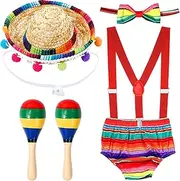 [Geyoga] Baby 1st Birthday Mexican Outfit Cake Smash Outfit Suspender Bloomers Tie Hat with Wood Rumba Shakers Rattle