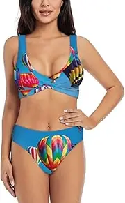 [EdWal] Hot Air Balloons Print Bikini Set for Women Halter Strapless Ruched Color Block Trim Swimsuit 2 Piece for Women