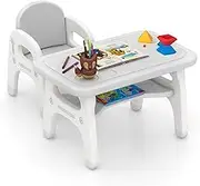 HONEY JOY Kids Table and Chair Set, Activity Table w/Cute Dinosaur Shape Chair, Storage Shelf, Building Blocks, Children Desk Chair Set for Learning Playing Drawing, Table Chair for Preschool, Grey