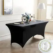 Checkzed Spandex Table Cover - 6FT Rectangular Stretch Table Cloth | Tight-Fit Design for Weddings, Parties, Trade Shows, Dining Tables & Special Events, with 4 Free Golden Placemat (Black)