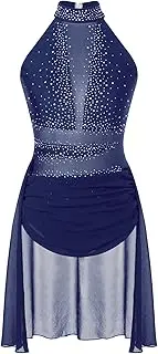 [Yhong] Women Mesh Patchwork Lyrical Dance Costume Rhinestone Flowy Dress Modern Contemporary Dance Dress