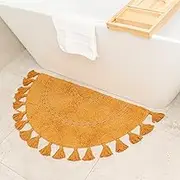 Half Circle Bohemian Bathroom Rug with Tassels & Crochet Insert -Beautifully Handcrafted 100% Cotton Mat - Half Round Boho Bedroom Rug-Boho Bathroom Decor-Slip Resistant Backing-Honey Mustard 42"x22"