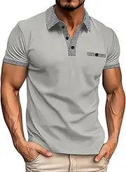 [Generic] Men's Short Sleeved Lapel Thousands of Bird Grid Pockets Casual Top T Shirt Men T Shirts Pack