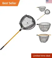 Landing Fish Net - Angler Tool with Clear Rubber Mesh Netting and Wooden Hand...