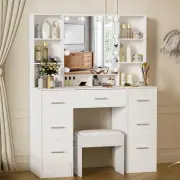 Makeup Vanity with Lights, Large Vanity Stool Set with 7 Drawer & Opened Mirror