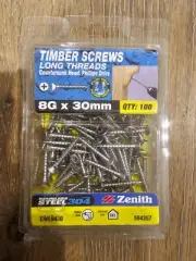 Zenith Timber Screws Countersunk Stainless Steel 8G x 30mm - 100 Pack CWL8430