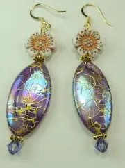 Lilac Shell Earrings Gold Drizzle Czech Flowers Handmade Jewelry