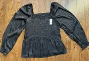 GAP Women's Smocked Peplum Top Black Floral Whimsigoth Balloon Sleeves Size L
