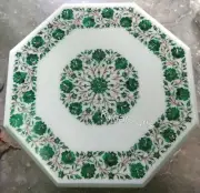 Octagon White Marble Coffee Table Top Malachite Stone Inlay Work Entryway Table