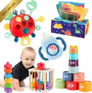 5-in-1 Montessori Baby Toy, Shape Sorter Cube, Crab Rattle, Stacking Toy