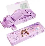 Pop up Multifunctional Pencil Case Organizer Cartoon Pen Box Pencil Box with Password Lock, Sharpener, Schedule, Whiteboard, Christmas Birthday Stationery Gifts for Teen (Purple,Magic World)